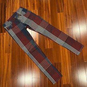 Farm Rio Plaid Pants Red Blue Patterned Slim Fit Straight Leg Pockets 38 / Small